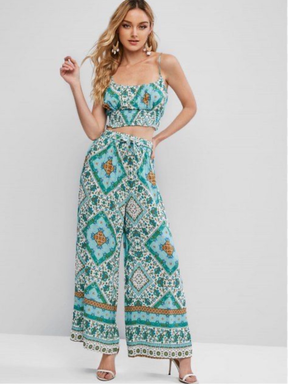 SHEIN Boho Two Piece Adjustable Crop Top Wide Leg Pants Set Turquoise Green S
